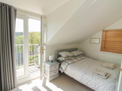 a bedroom with two beds and a large window at 5 Forest Park Lodge in High Bickington