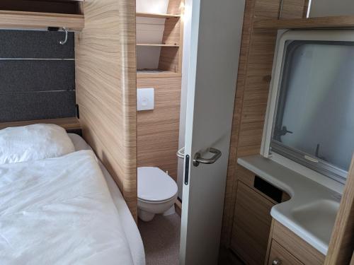 Habitación pequeña con cama, lavabo y aseo. en Luxuswohnwagen Barsch am Kransburger See 003, en Kransburg