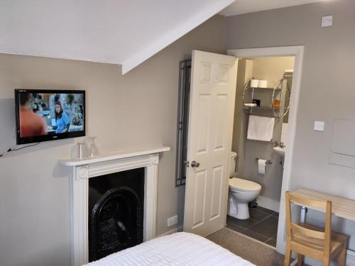 a bedroom with a fireplace and a toilet at Amherst Guesthouse in Reading