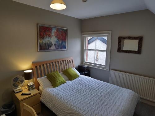 Un dormitorio con una cama con almohadas verdes y una ventana en Amherst Guesthouse en Reading