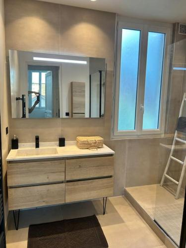une salle de bain avec un lavabo et un miroir dans l'établissement Maison de Ville Cannes Centre, à Cannes