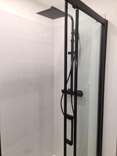 une douche avec une porte vitrée dans une salle de bain dans l'établissement Grand studio bord de mer, à Dieppe