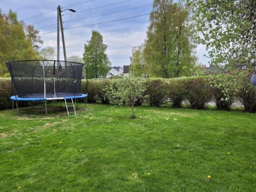 a yard with a trampoline in the grass at Beautiful apartment near forest, sea and city in Sandefjord