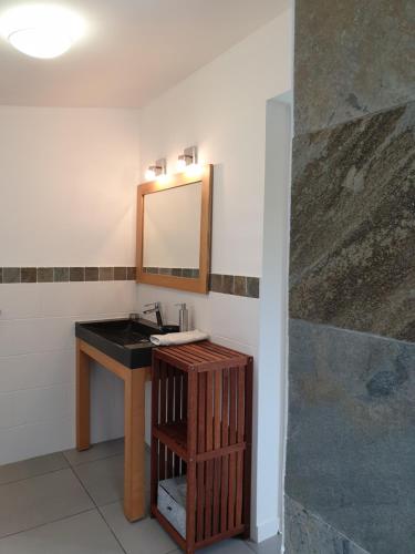 een badkamer met een wastafel en een spiegel bij Les Coeurs d'Amants in Saint-Joseph