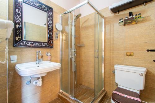 a bathroom with a shower and a sink and a toilet at Oreiades Guesthouse in Parthenón