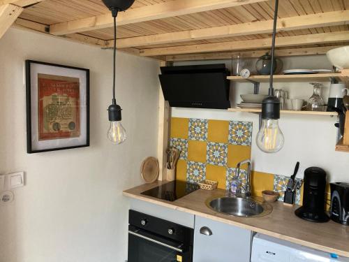 eine Küche mit einer Spüle und einer Theke mit Lampen in der Unterkunft L’Hortense in Oloron-Sainte-Marie