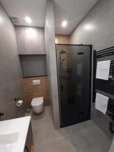 a bathroom with a shower and a toilet and a sink at Lux Room 303 in Zadar