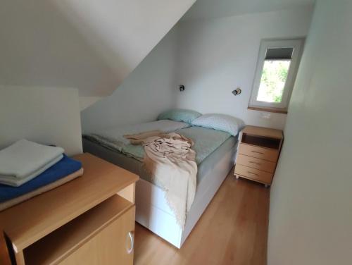 a small bedroom with a bed and a window at Zidanica-Vineyard Cottage Jakše in Semič