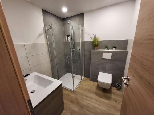 a bathroom with a shower and a toilet and a sink at Ferienwohnungen Rodler in Bergen