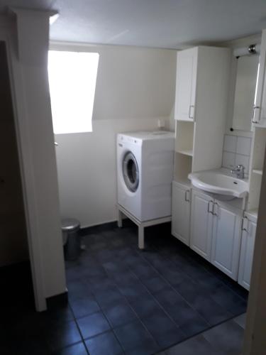 a laundry room with a washing machine and a sink at Gåvetorps Gård in Alvesta