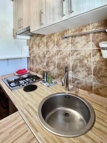 a kitchen counter with a sink and a stove at Apartment Leda in Kraljevica