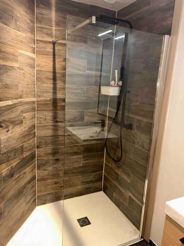 une douche avec une porte vitrée dans une salle de bain dans l'établissement Le Refuge de la Gravière, à Charleville-Mézières