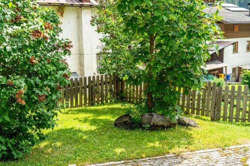 阿拉巴的住宿－Tabià La Stua，木栅栏旁的院子中的一棵树