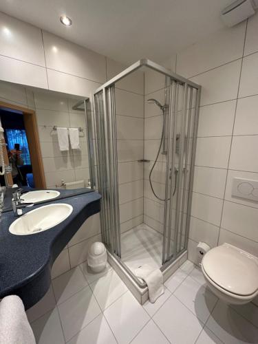 a bathroom with a shower and a sink and a toilet at Landhotel Vessens Hoff in Buchholz in der Nordheide
