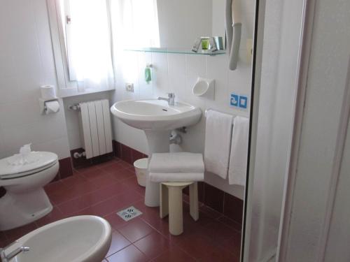 een badkamer met een witte wastafel en een toilet bij Hotel Marina in Torri del Benaco