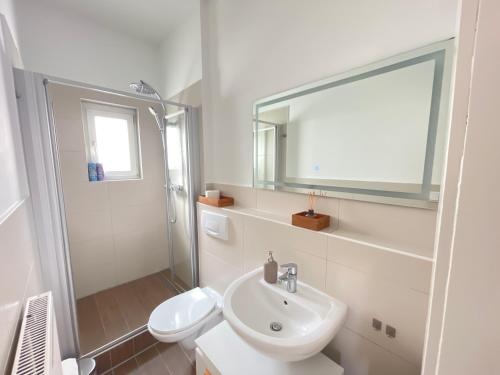 uma casa de banho com um lavatório, um WC e um espelho. em 65qm - city - popular street - Limmerstrasse - MalliBase Apartments em Hanôver