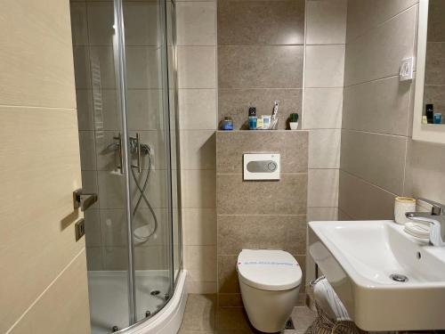 een badkamer met een douche, een toilet en een wastafel bij Midtown Boutique Apartment in Novi Sad