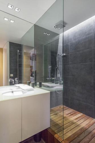 une salle de bain avec un lavabo et une douche en verre dans l'établissement MONTORGUEIL CHARMING APARTMENT, à Paris