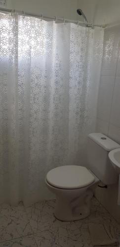 a bathroom with a toilet and a shower curtain at Las Madres Selvas in Las Toscas