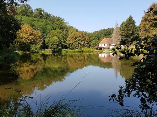 une vue d'un lac avec une maison en arrière-plan dans l'établissement Les Chalets Du Moulin Du Châtain 1, à Payzac