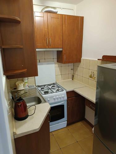 uma pequena cozinha com um fogão e um lavatório em Apartament fabryczny Comfort em Pisz