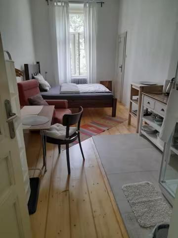 een woonkamer met een bed en een stoel bij Bright & Cosy Room with Own Shower and Kitchenette in Praag