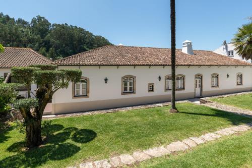 una casa vieja con una palmera en el patio en Quinta do Calvário, 