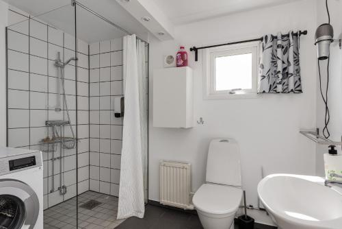 La salle de bains est pourvue de toilettes, d'un lavabo et d'une douche. dans l'établissement Holiday home in Onsala near the beach, à Onsala