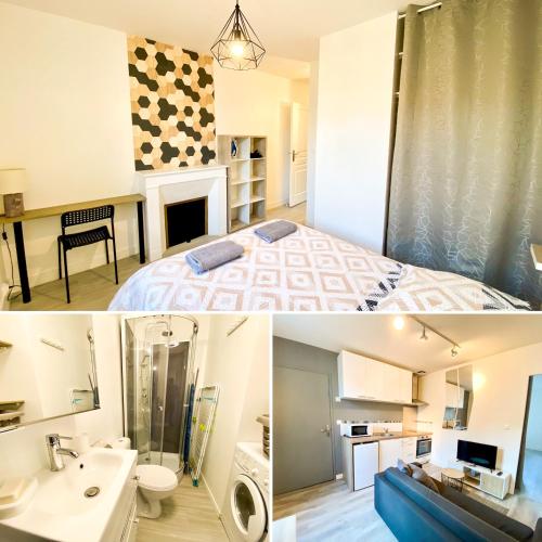 deux photos d'une chambre avec un lit et une salle de bain dans l'établissement MAISON DE VILLE 10 personnes CLOS CHASSAING- WIFI -CENTRE VILLE -PROPERTY RENTAL NM, à Périgueux