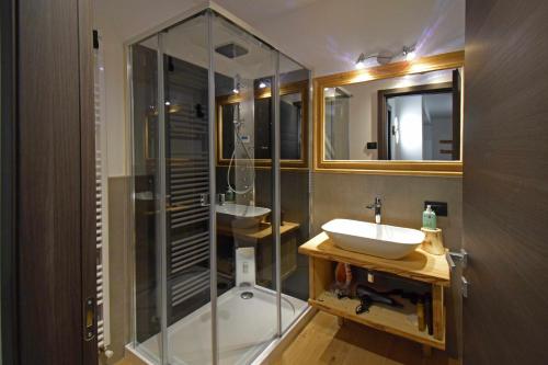 y baño con ducha acristalada y lavamanos. en Cirmolo Val Comelico Comfortable e Spacious, en Padola