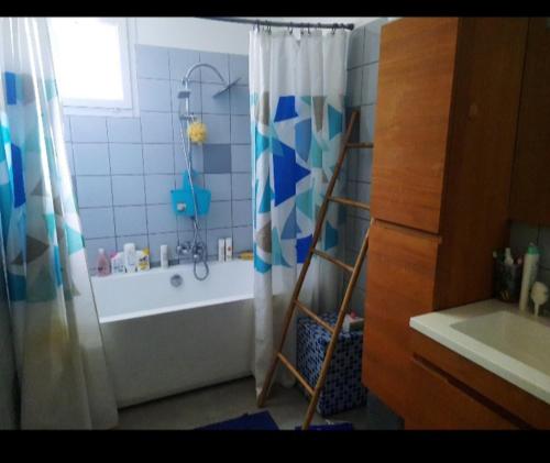 a bathroom with a tub and a shower curtain at Villannéva Calme et Spacieuse avec piscine in Ducos