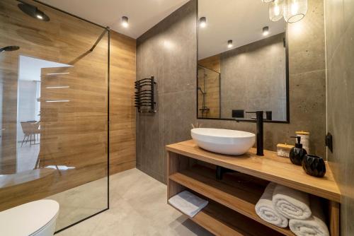a bathroom with a sink and a mirror at Apartamenty i Pokoje Złote Piaski in Jastrzębia Góra