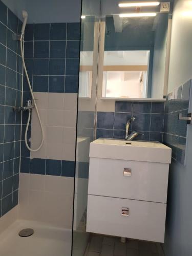 une salle de bain avec un lavabo et une douche dans l'établissement La plagette d'emy, au Cap d'Agde