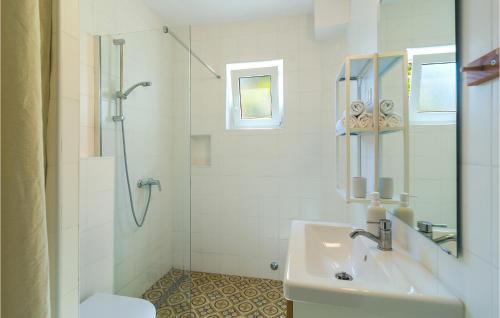 a white bathroom with a sink and a shower at Nice Home In Jelsa With 3 Bedrooms And Wifi in Jelsa