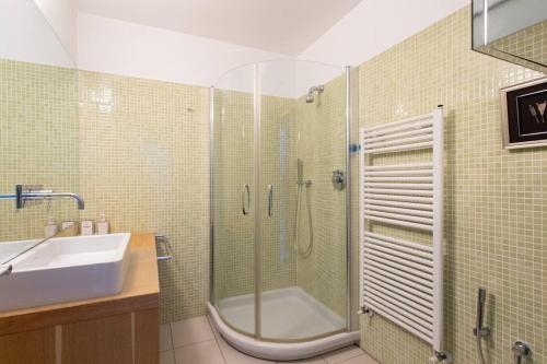 y baño con ducha y lavamanos. en A2 2R Antibes Port terrace sea view/ Parking & AC, en Antibes