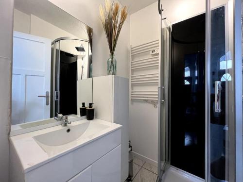 a white bathroom with a sink and a shower at Nid de Villeneuve - 2 pers. in Villeneuve-sur-Yonne
