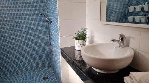 a bathroom with a sink and a shower at Quinta do Paúl de Baixo in Guimarães