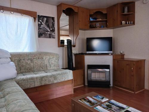 Il comprend un salon doté d'un canapé, d'une télévision et d'une cheminée. dans l'établissement MH 343 LA TREMBLADE, à La Tremblade