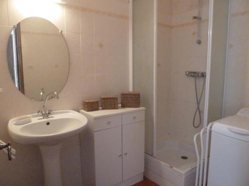 uma casa de banho com um lavatório e um chuveiro com um espelho. em les aires em Sainte-Croix-de-Verdon
