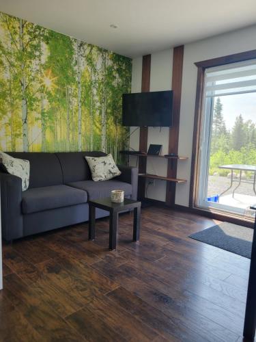 a living room with a couch and a table at domaine de la vallee in Sainte-Rose-du-Nord