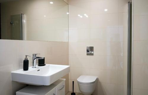 uma casa de banho branca com um lavatório e um WC em City Centre Praha 1 505 em Praga