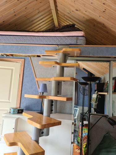 a room with a bunk bed and wooden ceilings at Stuga i naturen in Simlångsdalen