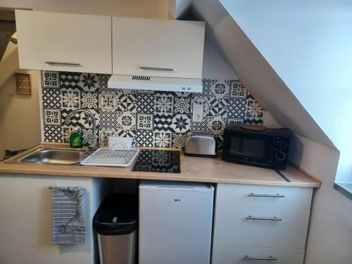 une cuisine avec un comptoir avec un évier et un micro-ondes dans l'établissement Le Citadin aéroport Beauvais Paris, à Beauvais