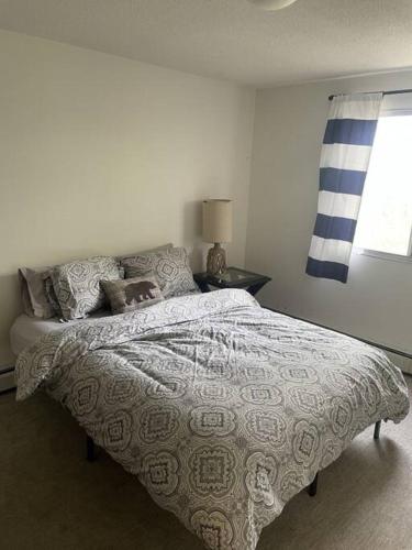 a bedroom with a bed and a lamp and a window at Stunning 1 Bedroom Apartment in Camrose