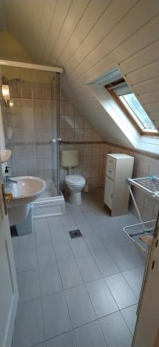 a attic bathroom with a sink and a toilet at Erika Villa in Siófok