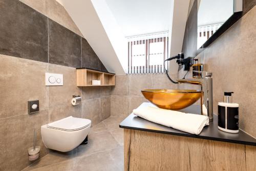 y baño con lavamanos y aseo. en Penzion Golden Crown, en Český Krumlov