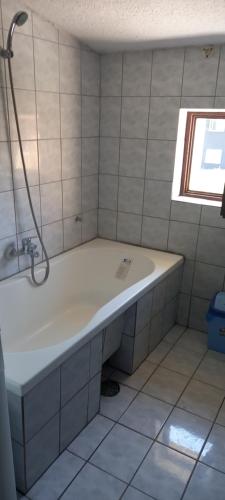 a bathroom with a bath tub and a window at Damjan's Apartments 