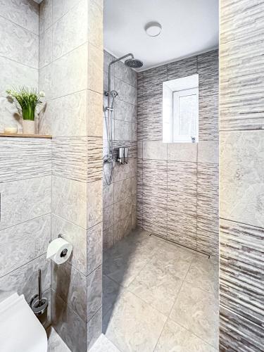 a bathroom with a shower with a glass door at Blueberryhouse in Bukovel