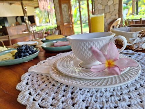 a table with a cup and a flower on a plate at Ocacocar - Milagres in São Miguel dos Milagres