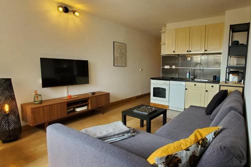 un salon avec un canapé et une télévision et une cuisine dans l'établissement Modern T2 near train station with swimming pool, à Fréjus